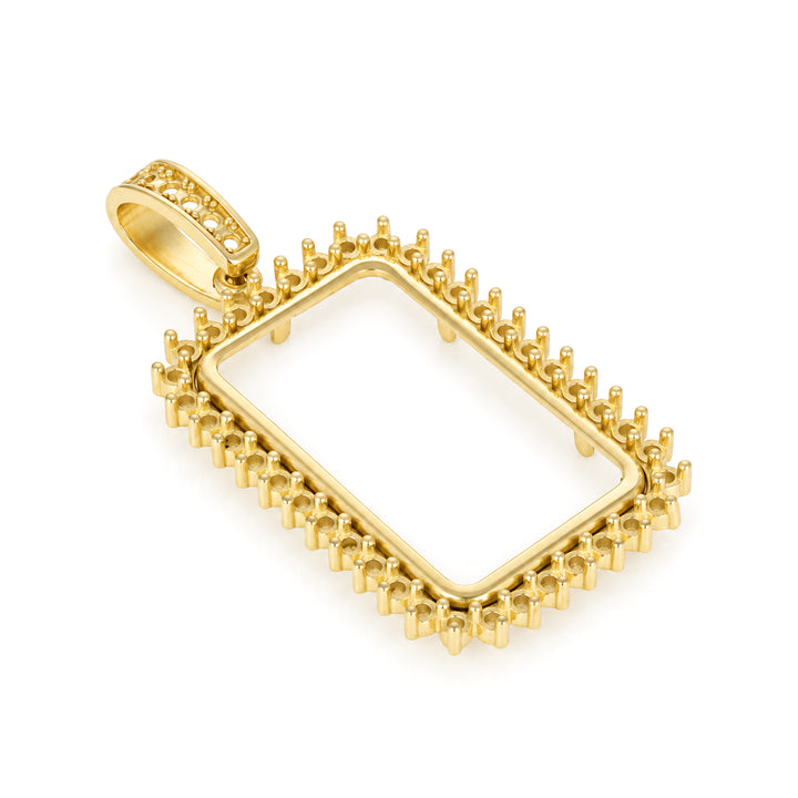 USCJSPN005 | 10 Gram 14K yellow gold prong mounting bar frame for Credit Suisse and PAMP, ready for professional natural or lab-grown diamond and colored gemstone setting, unset, view 2 | US Certified Jewelry #size_uscjspn005-26-8-x-16-mm-10-gr-1-4-ounce