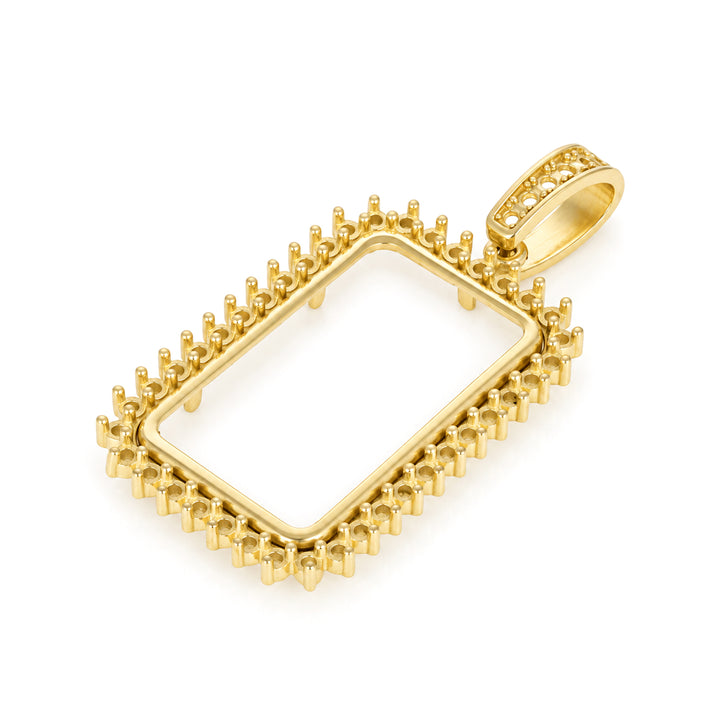 USCJSPN005 | 10 Gram 14K yellow gold prong mounting bar frame for Credit Suisse and PAMP, ready for professional natural or lab-grown diamond and colored gemstone setting, unset, view 3 | US Certified Jewelry #size_uscjspn005-26-8-x-16-mm-10-gr-1-4-ounce