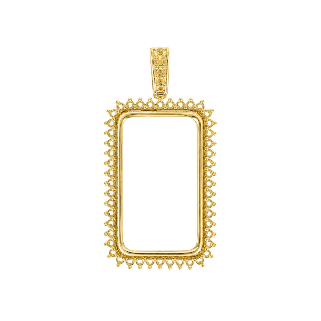 USCJSPN007 | 20 Gram 14K yellow gold prong mounting bar frame for Credit Suisse and PAMP, ready for professional natural or lab-grown diamond and colored gemstone setting, unset, view 1 | US Certified Jewelry #size_uscjspn007-31-4-x-18-4-mm-20-gr-1-2-ounce