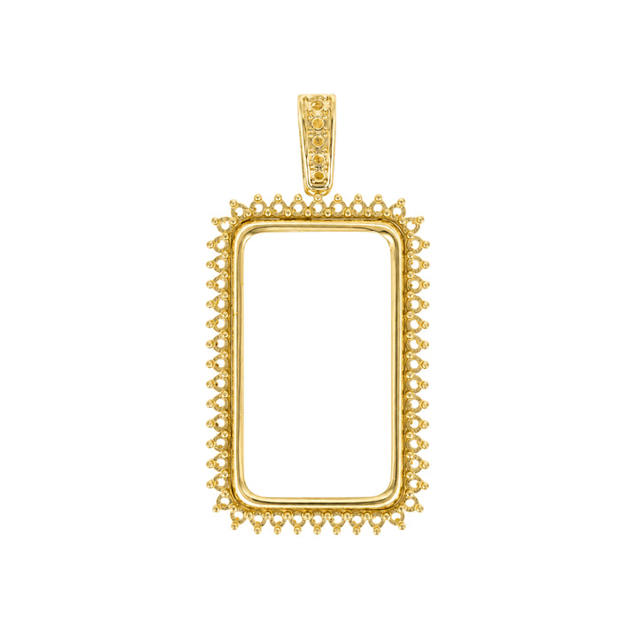 USCJSPN007 | 20 Gram 14K yellow gold prong mounting bar frame for Credit Suisse and PAMP, ready for professional natural or lab-grown diamond and colored gemstone setting, unset, view 1 | US Certified Jewelry #size_uscjspn007-31-4-x-18-4-mm-20-gr-1-2-ounce