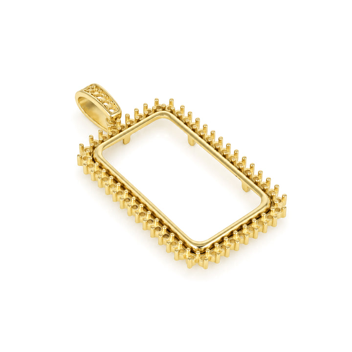 USCJSPN007 | 20 Gram 14K yellow gold prong mounting bar frame for Credit Suisse and PAMP, ready for professional natural or lab-grown diamond and colored gemstone setting, unset, view 2 | US Certified Jewelry #size_uscjspn007-31-4-x-18-4-mm-20-gr-1-2-ounce