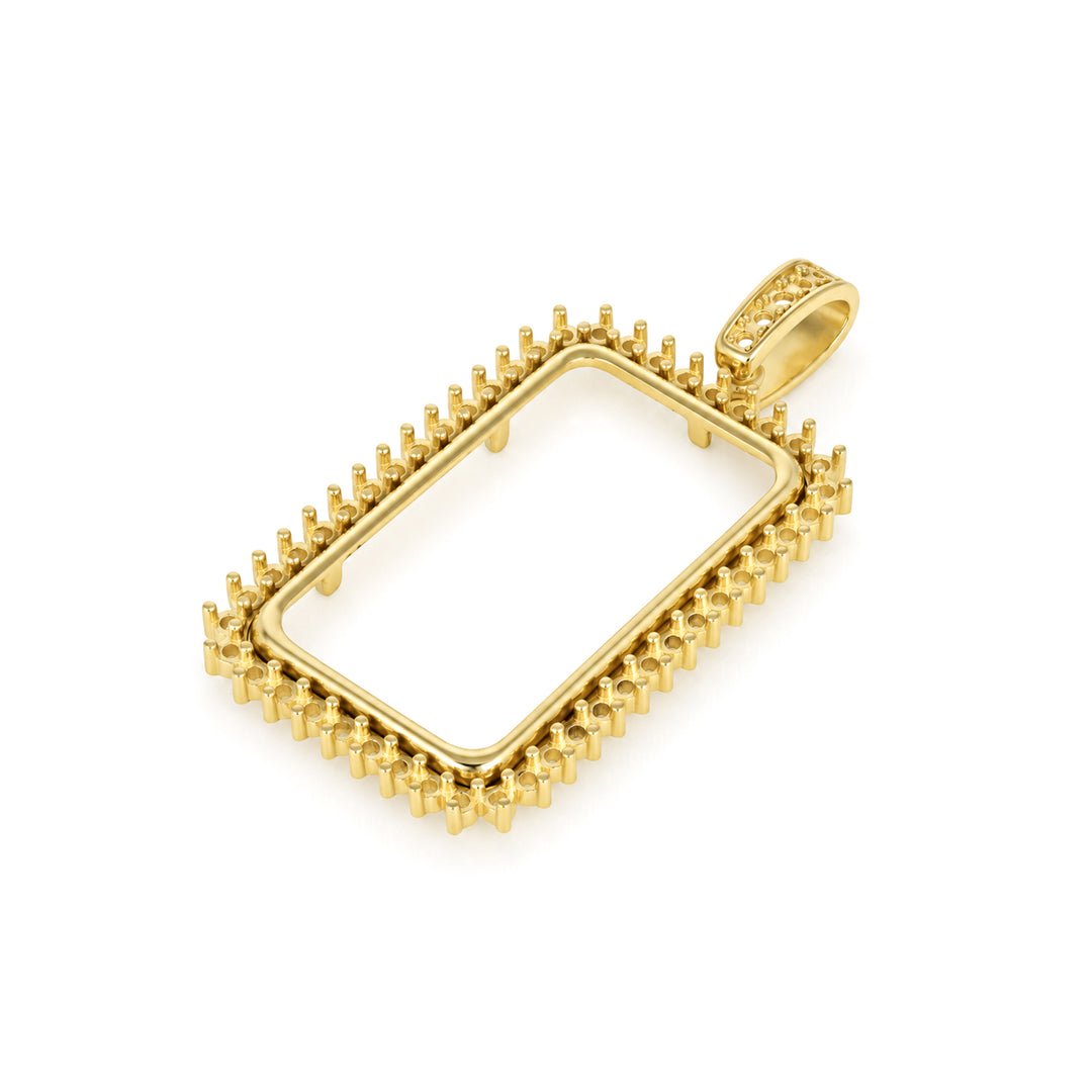 USCJSPN007 | 20 Gram 14K yellow gold prong mounting bar frame for Credit Suisse and PAMP, ready for professional natural or lab-grown diamond and colored gemstone setting, unset, view 3 | US Certified Jewelry #size_uscjspn007-31-4-x-18-4-mm-20-gr-1-2-ounce