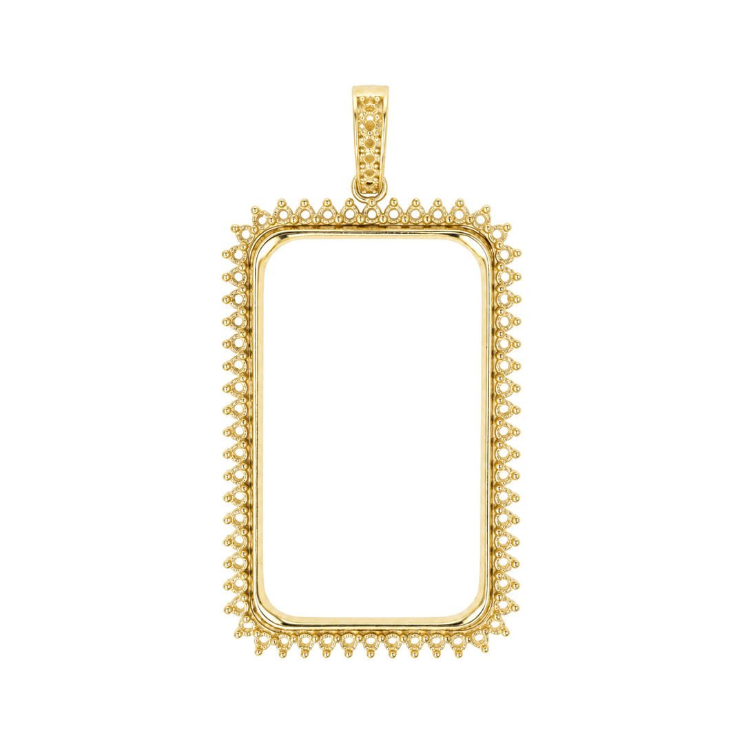 USCJSPN008 | 1 Troy Ounce 14K yellow gold prong mounting bar frame for Credit Suisse and PAMP, ready for professional natural or lab-grown diamond and colored gemstone setting, unset, view 1 | US Certified Jewelry #size_uscjspn008-41-5-x-24-3-mm-1-ounce