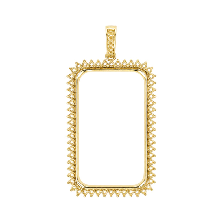 USCJSPN008 | 1 Troy Ounce 14K yellow gold prong mounting bar frame for Credit Suisse and PAMP, ready for professional natural or lab-grown diamond and colored gemstone setting, unset, view 1 | US Certified Jewelry #size_uscjspn008-41-5-x-24-3-mm-1-ounce