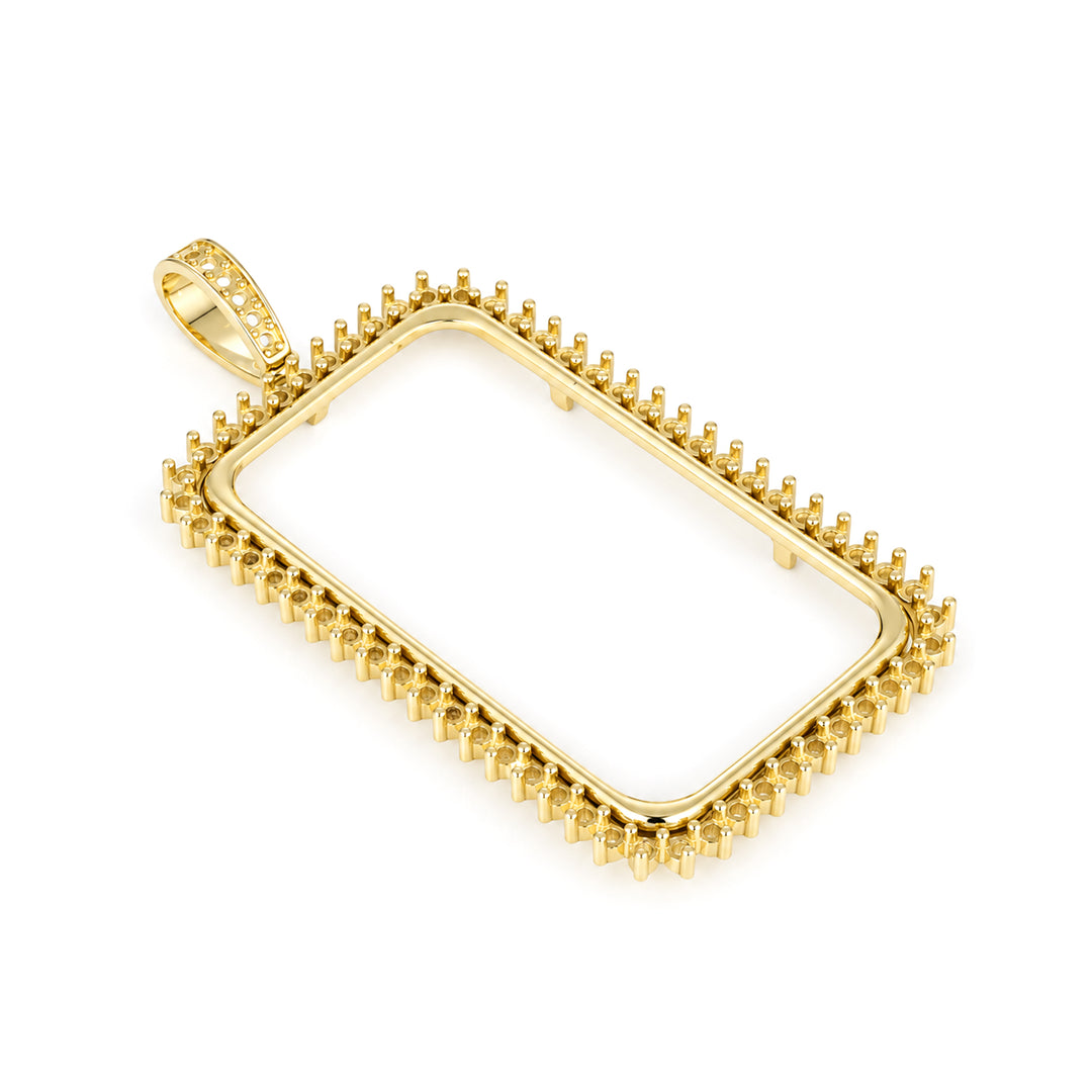 USCJSPN008 | 1 Troy Ounce 14K yellow gold prong mounting bar frame for Credit Suisse and PAMP, ready for professional natural or lab-grown diamond and colored gemstone setting, unset, view 2 | US Certified Jewelry #size_uscjspn008-41-5-x-24-3-mm-1-ounce