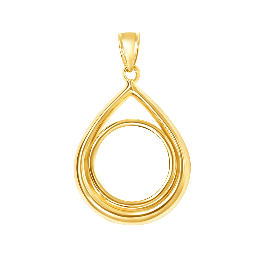 14K die-struck tear drop gold coin bezel for 1/10 oz American Gold Eagle / Australian Gold Nugget / Canadian Gold Maple Leaf / South African Krugerrand, view 1 #size_uscjt004-16-5-x-1-3-mm