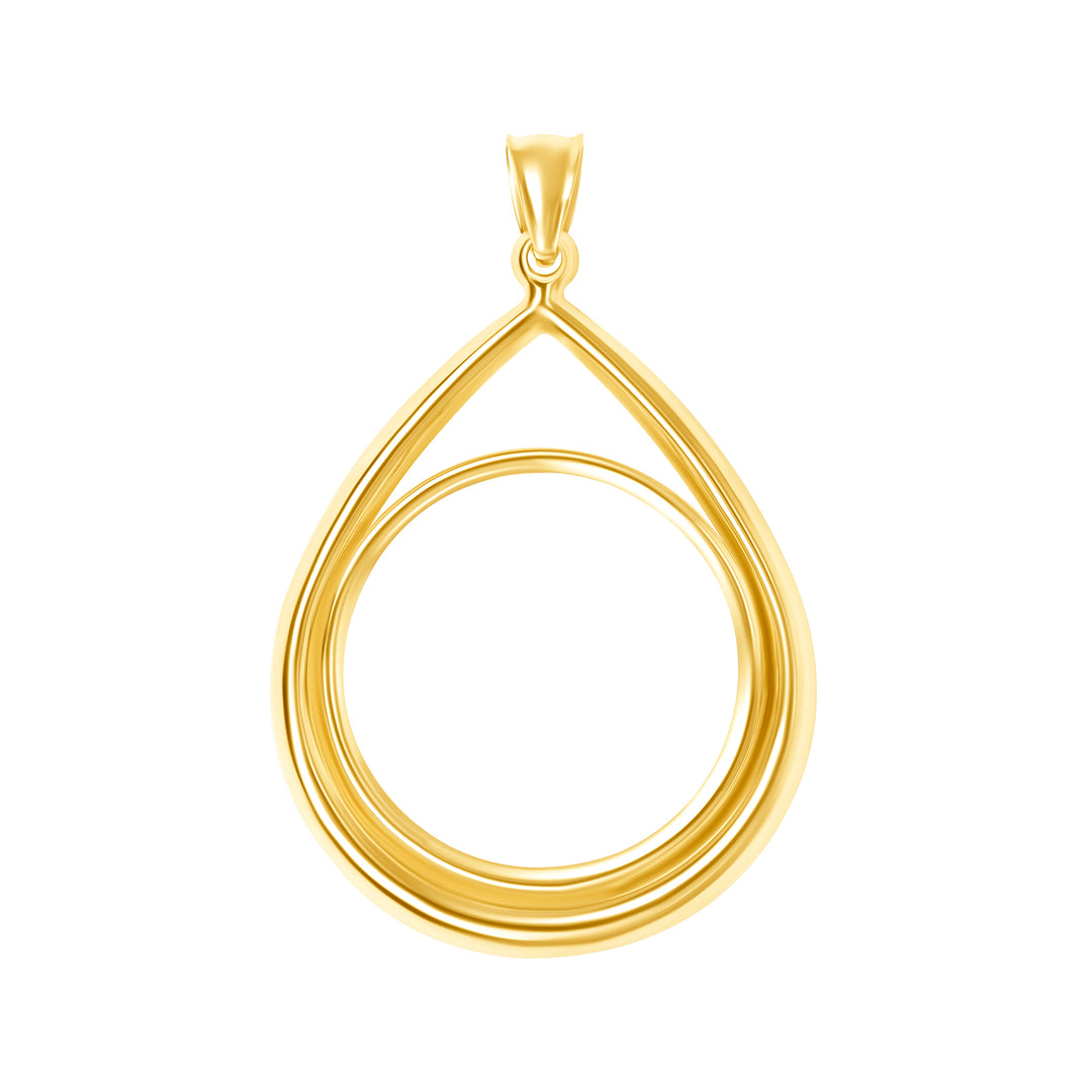 14K die-struck tear drop gold coin bezel for 1/4 oz American Gold Eagle / Chinese Gold Panda / English Sovereign / South African Krugerrand, view 1 #size_uscjt008-22-0-x-1-9-mm