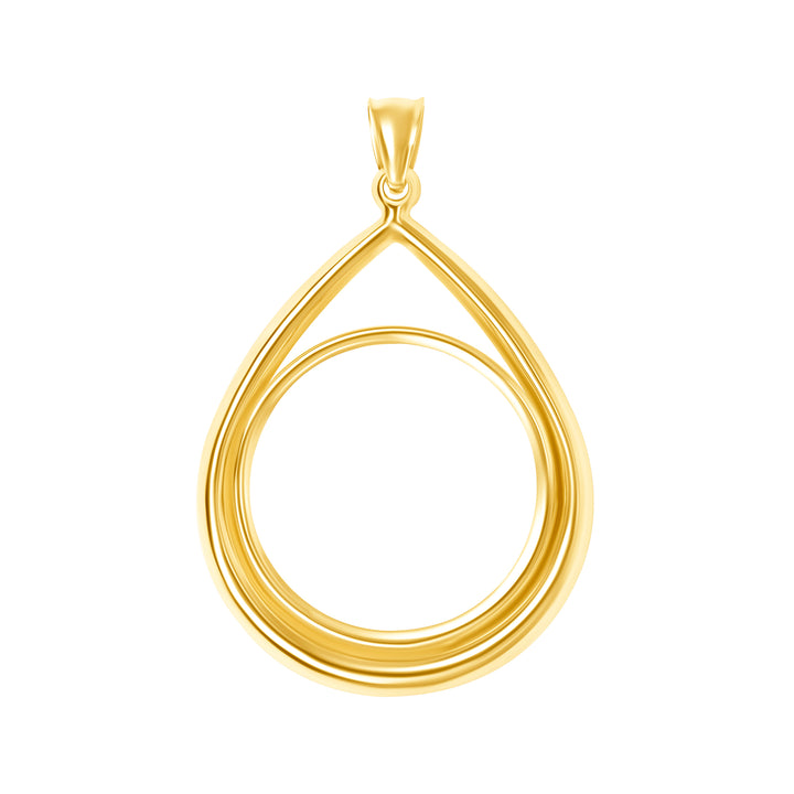 14K die-struck tear drop gold coin bezel for 1/4 oz American Gold Eagle / Chinese Gold Panda / English Sovereign / South African Krugerrand, view 1 #size_uscjt008-22-0-x-1-9-mm