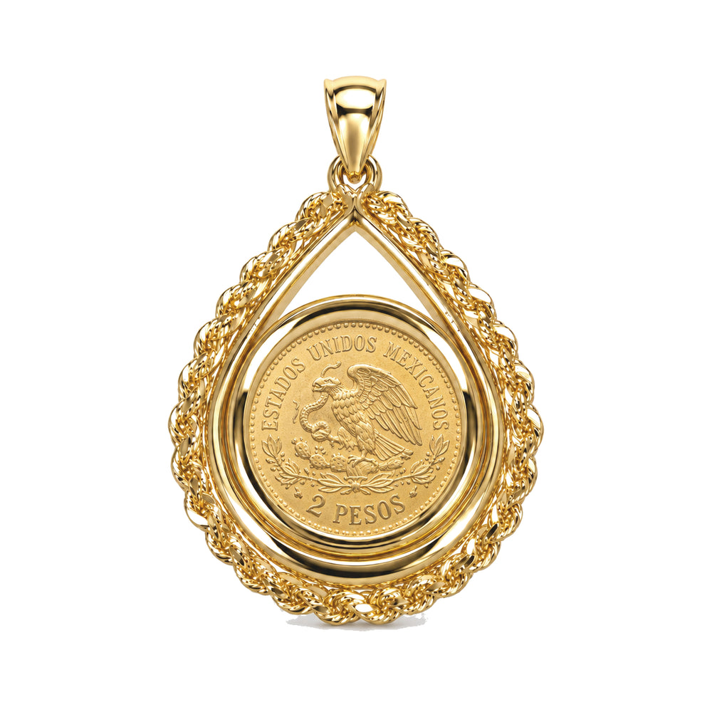 14K gold rope chain tear drop coin bezel shown with Mexican 2 Pesos, front view #size_uscjtr001-13-0-x-1-0-mm