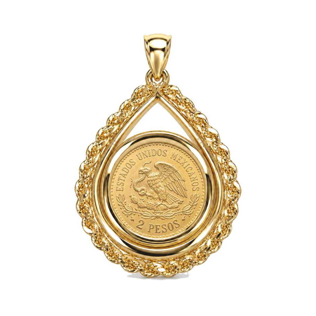 14K gold rope chain tear drop coin bezel shown with Mexican 2 Pesos, front view #size_uscjtr001-13-0-x-1-0-mm
