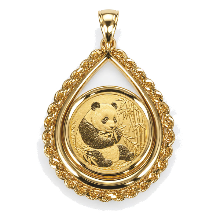 14K gold rope chain tear drop coin bezel shown with 1/2 oz Chinese Gold Panda, front view #size_uscjtr0010-27-0-x-2-3-mm