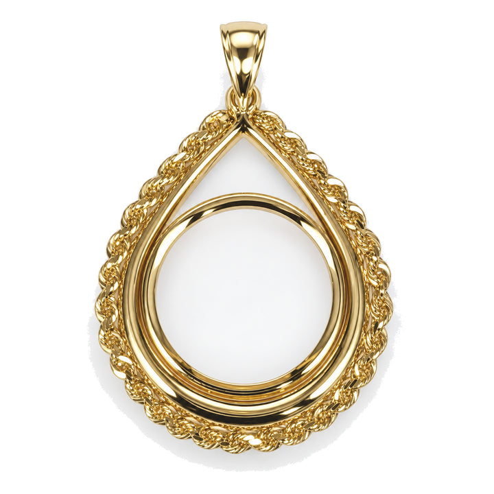14K gold rope chain tear drop coin bezel frame, front view #size_uscjtr0010-27-0-x-2-3-mm