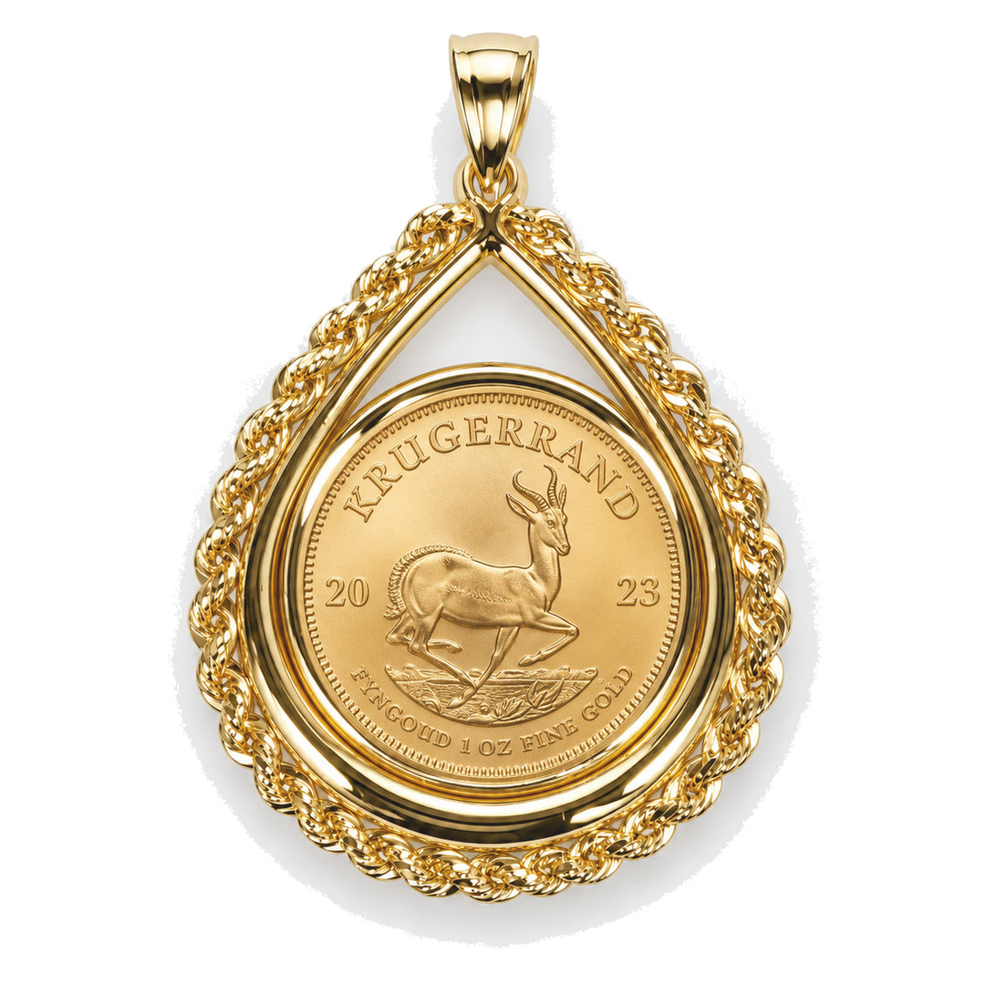 14K gold rope chain tear drop coin bezel shown with 1 oz South African Krugerrand, front view #size_uscjtr0014-32-6-x-2-8-mm