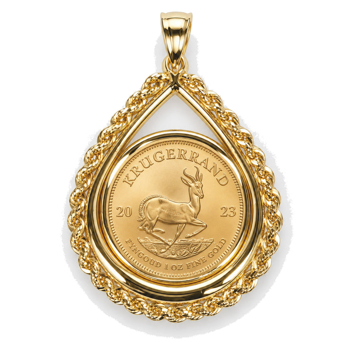 14K gold rope chain tear drop coin bezel shown with 1 oz South African Krugerrand, front view #size_uscjtr0014-32-6-x-2-8-mm
