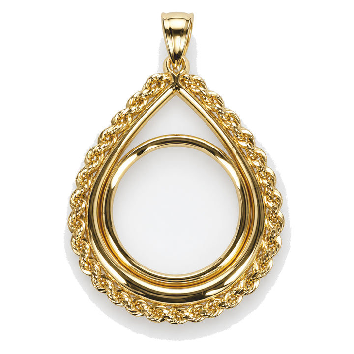14K gold rope chain tear drop coin bezel frame, front view #size_uscjtr0014-32-6-x-2-8-mm