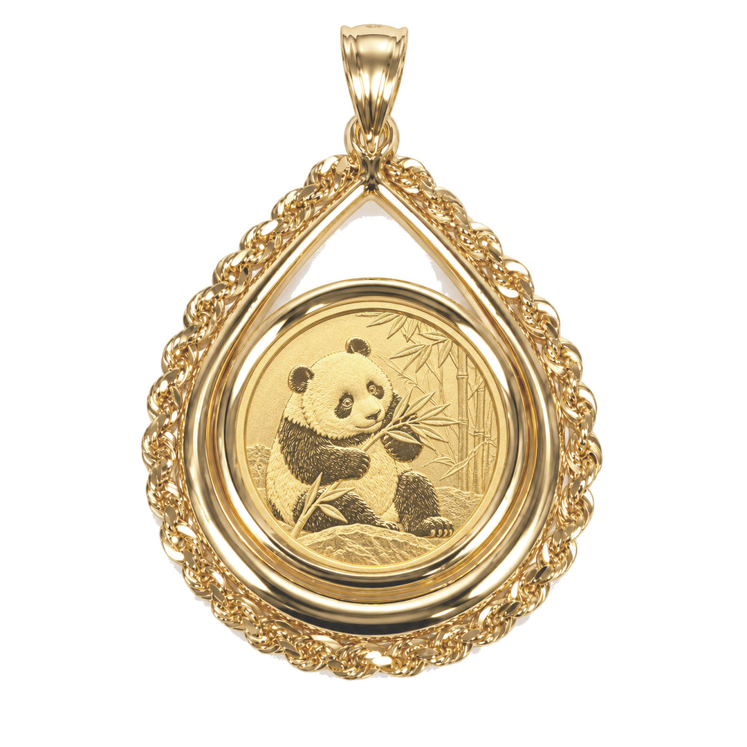 14K gold rope chain tear drop coin bezel shown with 1/20 oz Chinese Gold Panda, front view #size_uscjtr001b-14-0-x-1-0-mm