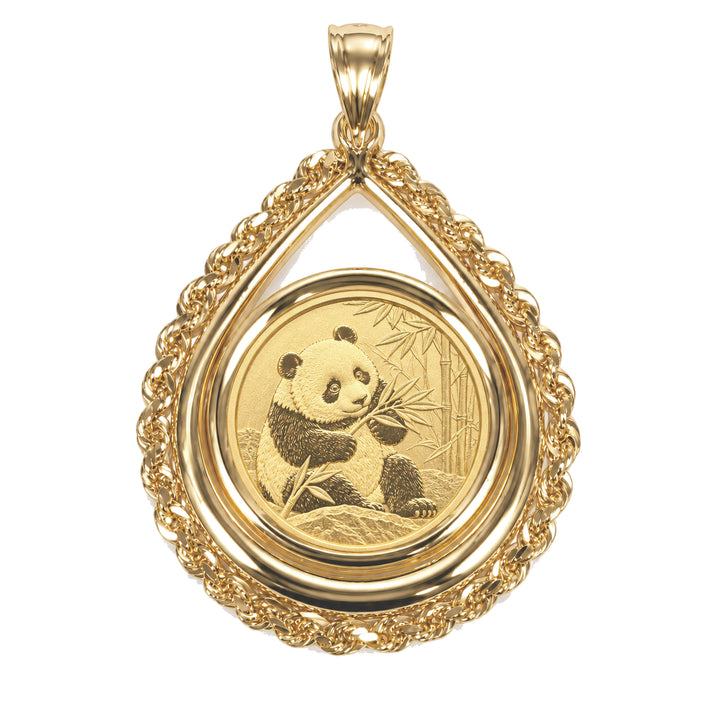 14K gold rope chain tear drop coin bezel shown with 1/20 oz Chinese Gold Panda, front view #size_uscjtr001b-14-0-x-1-0-mm