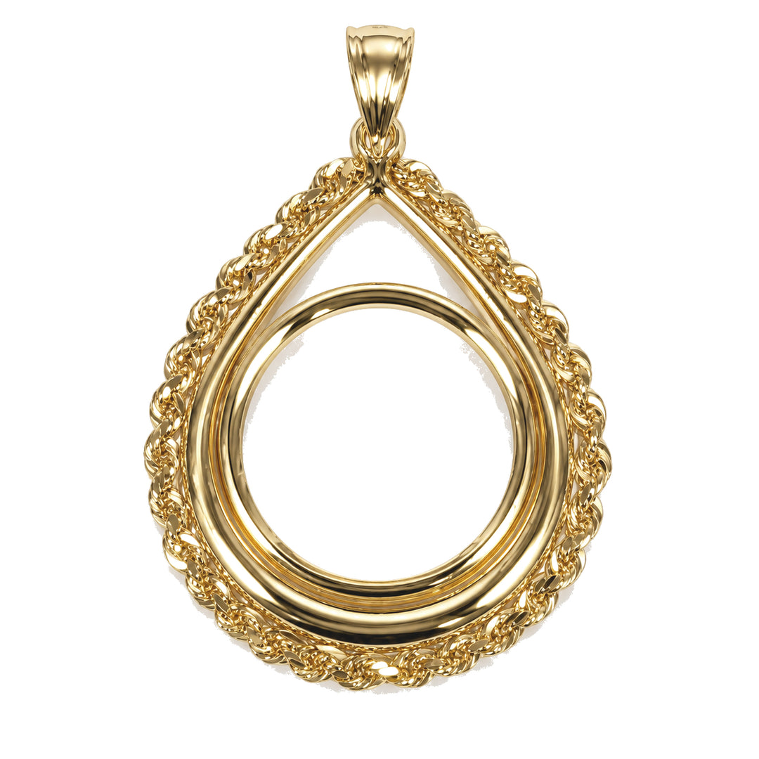 14K gold rope chain tear drop coin bezel frame, front view #size_uscjtr001b-14-0-x-1-0-mm