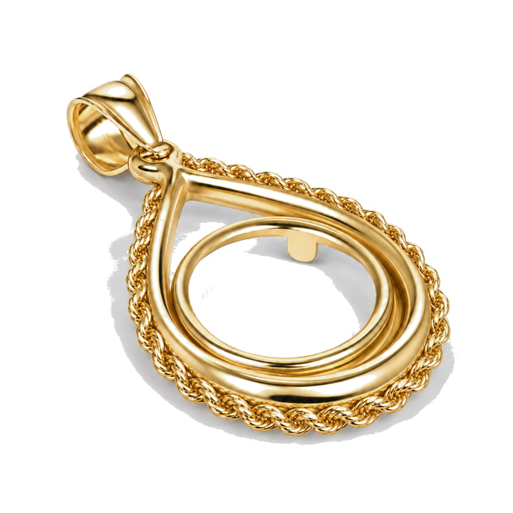 14K gold rope chain tear drop coin bezel, angle view #size_uscjtr003-15-6-x-1-0-mm