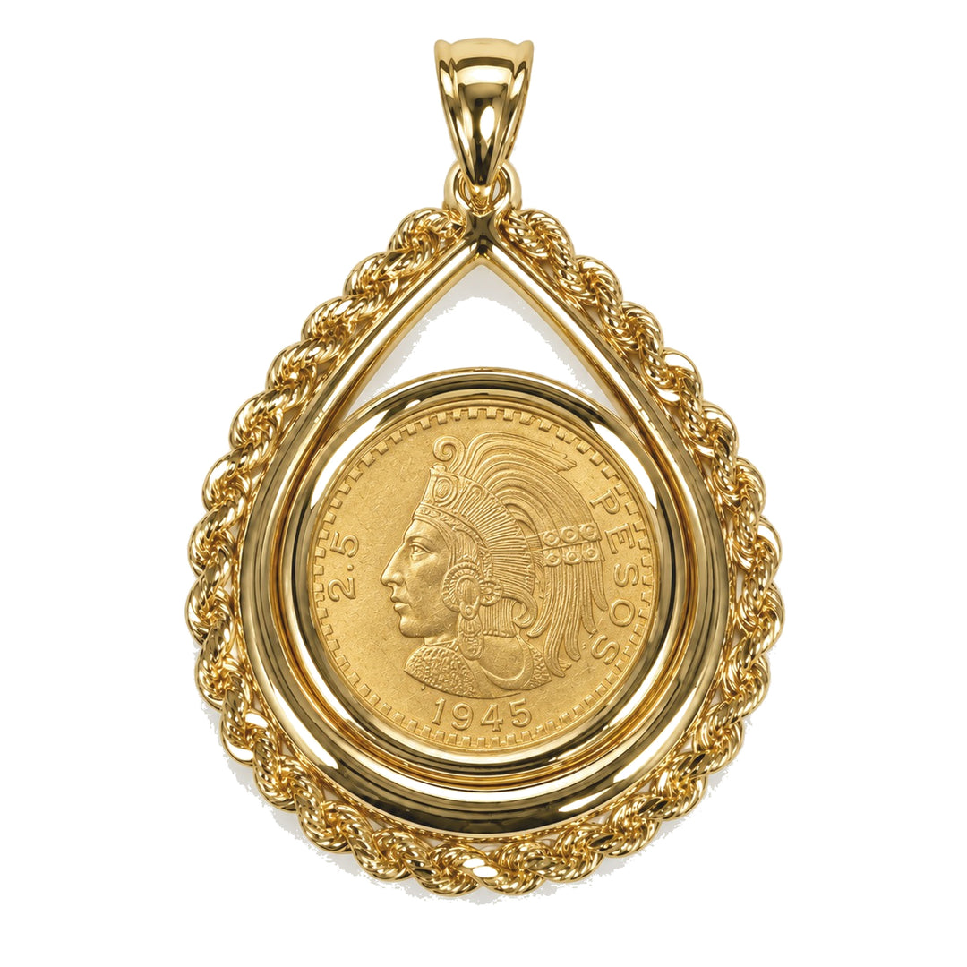 14K gold rope chain tear drop coin bezel shown with Mexican 2.5 Pesos, front view #size_uscjtr003-15-6-x-1-0-mm