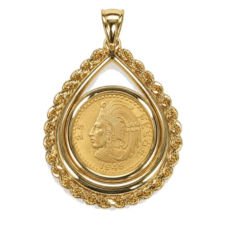 14K gold rope chain tear drop coin bezel shown with Mexican 2.5 Pesos, front view #size_uscjtr003-15-6-x-1-0-mm