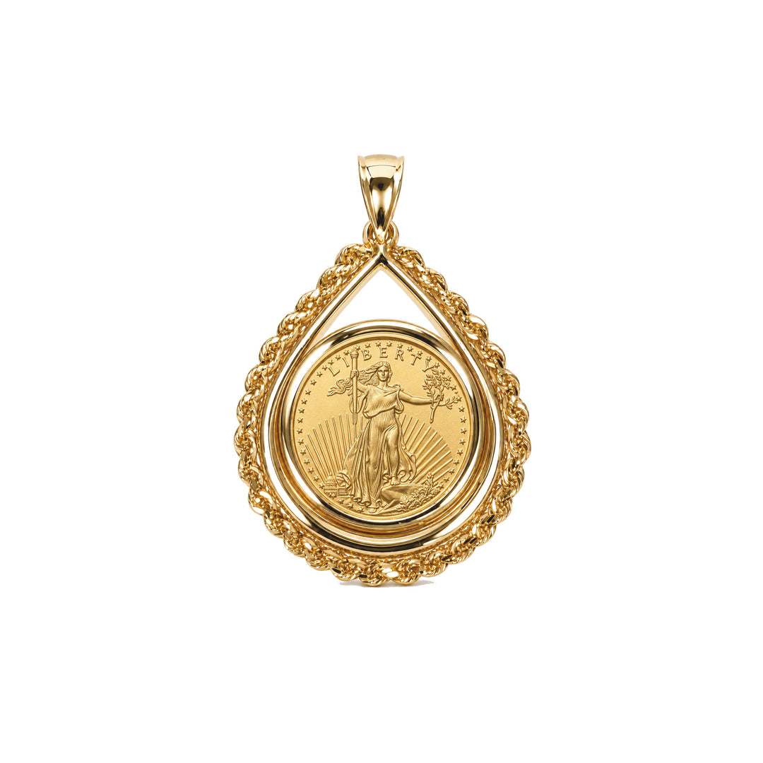 14K gold rope chain tear drop coin bezel shown with 1/10 oz American Gold Eagle, front view #size_uscjtr004-16-5-x-1-3-mm