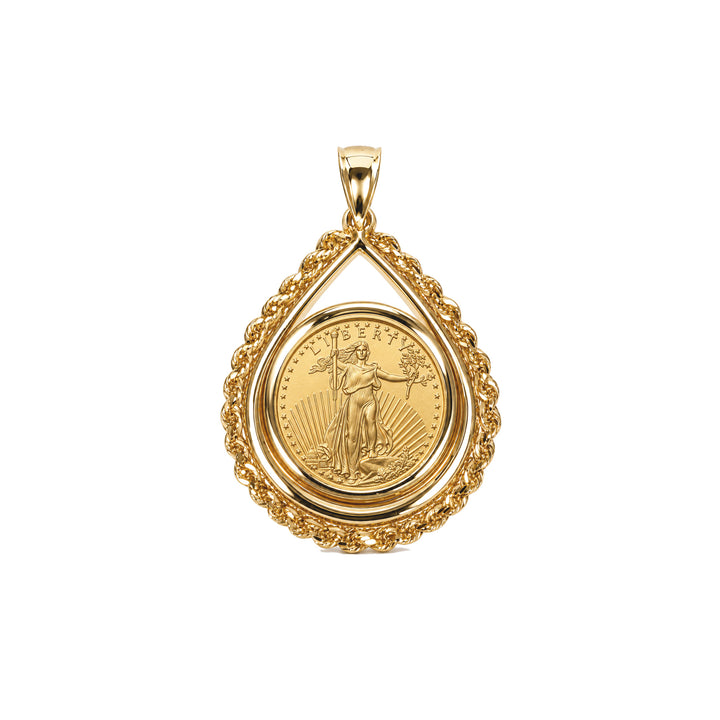 14K gold rope chain tear drop coin bezel shown with 1/10 oz American Gold Eagle, front view #size_uscjtr004-16-5-x-1-3-mm