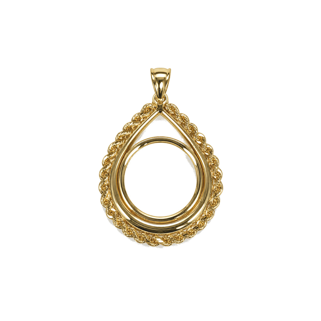 14K gold rope chain tear drop coin bezel frame, front view #size_uscjtr004-16-5-x-1-3-mm