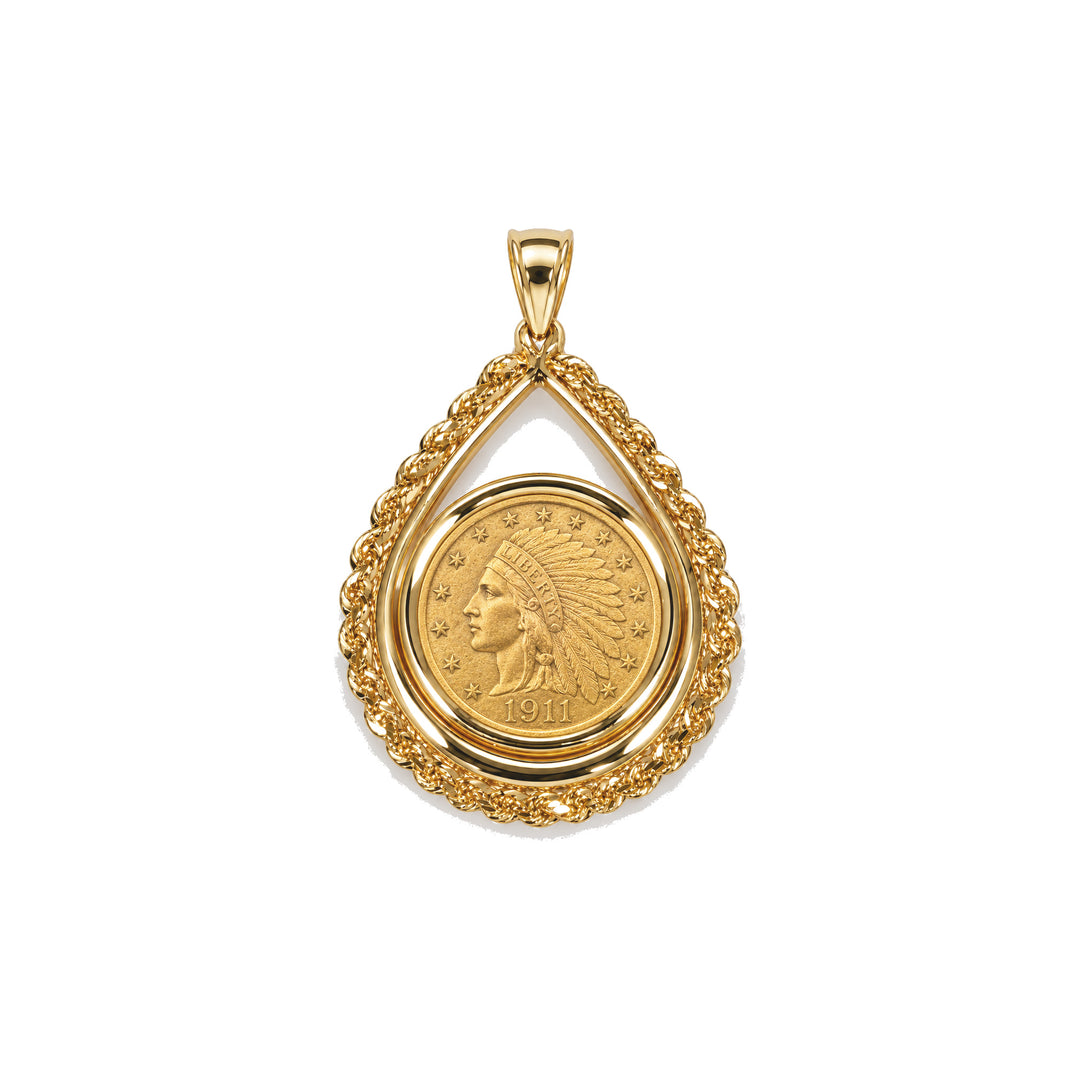 14K gold rope chain tear drop coin bezel shown with U.S. $2.5 Gold Dollar, front view #size_uscjtr005-17-9-x-1-3-mm