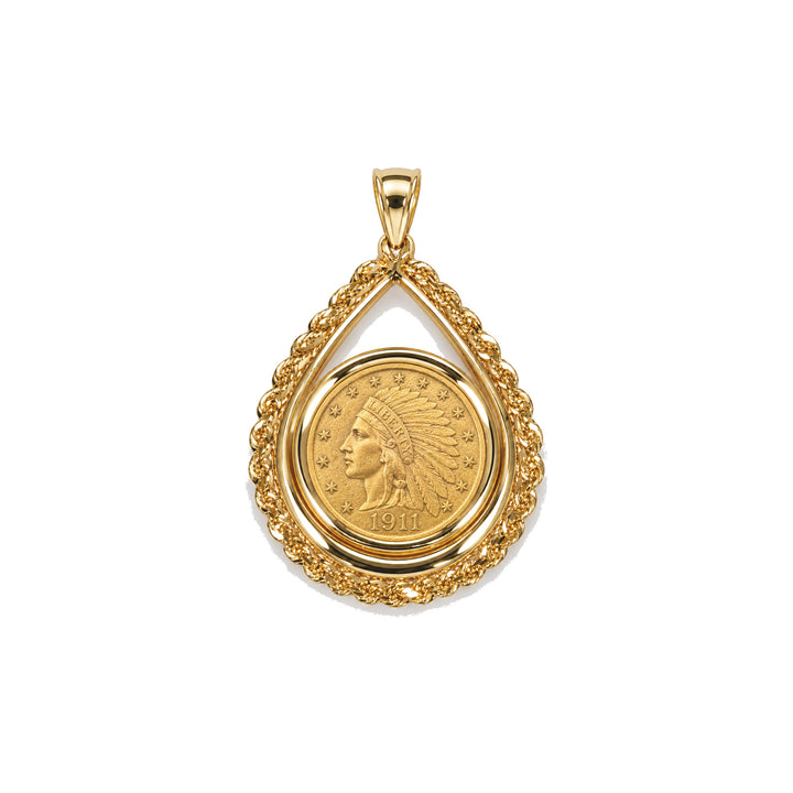 14K gold rope chain tear drop coin bezel shown with U.S. $2.5 Gold Dollar, front view #size_uscjtr005-17-9-x-1-3-mm