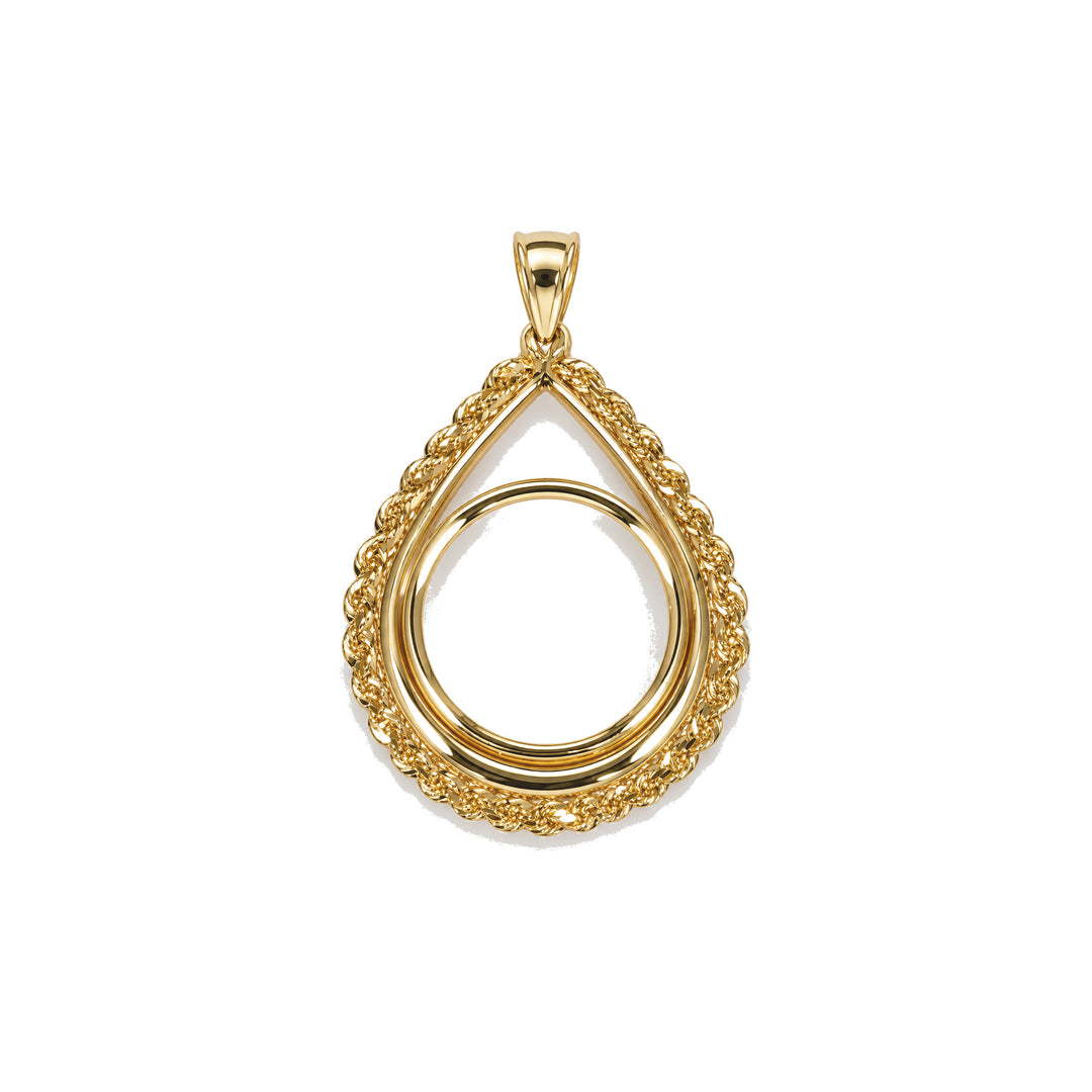 14K gold rope chain tear drop coin bezel frame, front view #size_uscjtr005-17-9-x-1-3-mm