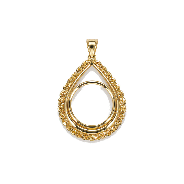 14K gold rope chain tear drop coin bezel frame, front view #size_uscjtr005-17-9-x-1-3-mm