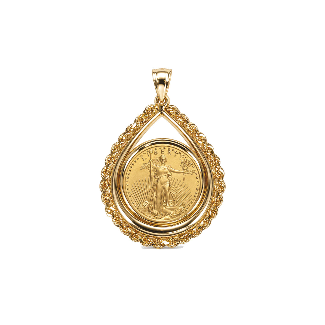 14K gold rope chain tear drop coin bezel shown with 1/4 oz American Gold Eagle, front view #size_uscjtr008-22-0-x-1-9-mm