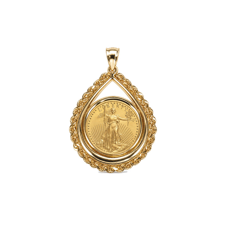 14K gold rope chain tear drop coin bezel shown with 1/4 oz American Gold Eagle, front view #size_uscjtr008-22-0-x-1-9-mm